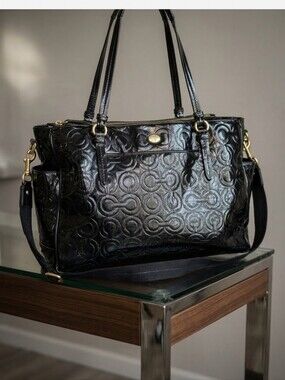 Coach Black Patent Signature Embossed Tote with Gold Accents